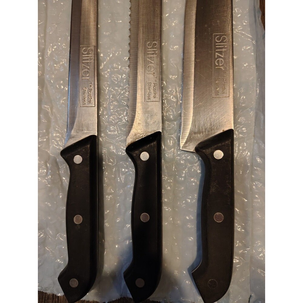 Slitzer Stainless Steel Serrated Knife Set 3 Piece Rust Resistant Silver Black - Picture 2 of 3